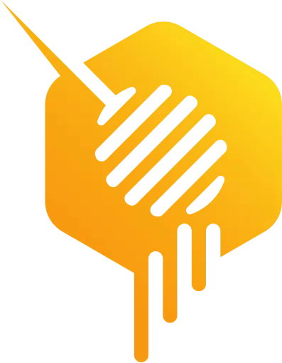 Logo przedstawia stylizowany plaster miodu w kształcie sześciokąta o ciepłym, złocisto-pomarańczowym kolorze. Wewnątrz widoczna jest abstrakcyjna grafika przedstawiająca zanurzoną w miodzie łyżkę cedzakową (lub nabierak do miodu) oraz delikatnie spływające w dół krople, co symbolizuje płynny miód. Całość emanuje naturalnością i słodyczą, idealnie wpisując się w charakter serwisu polskiemiody.com.pl, promującego życie blisko natury, pszczelarstwo i właściwości miodu.